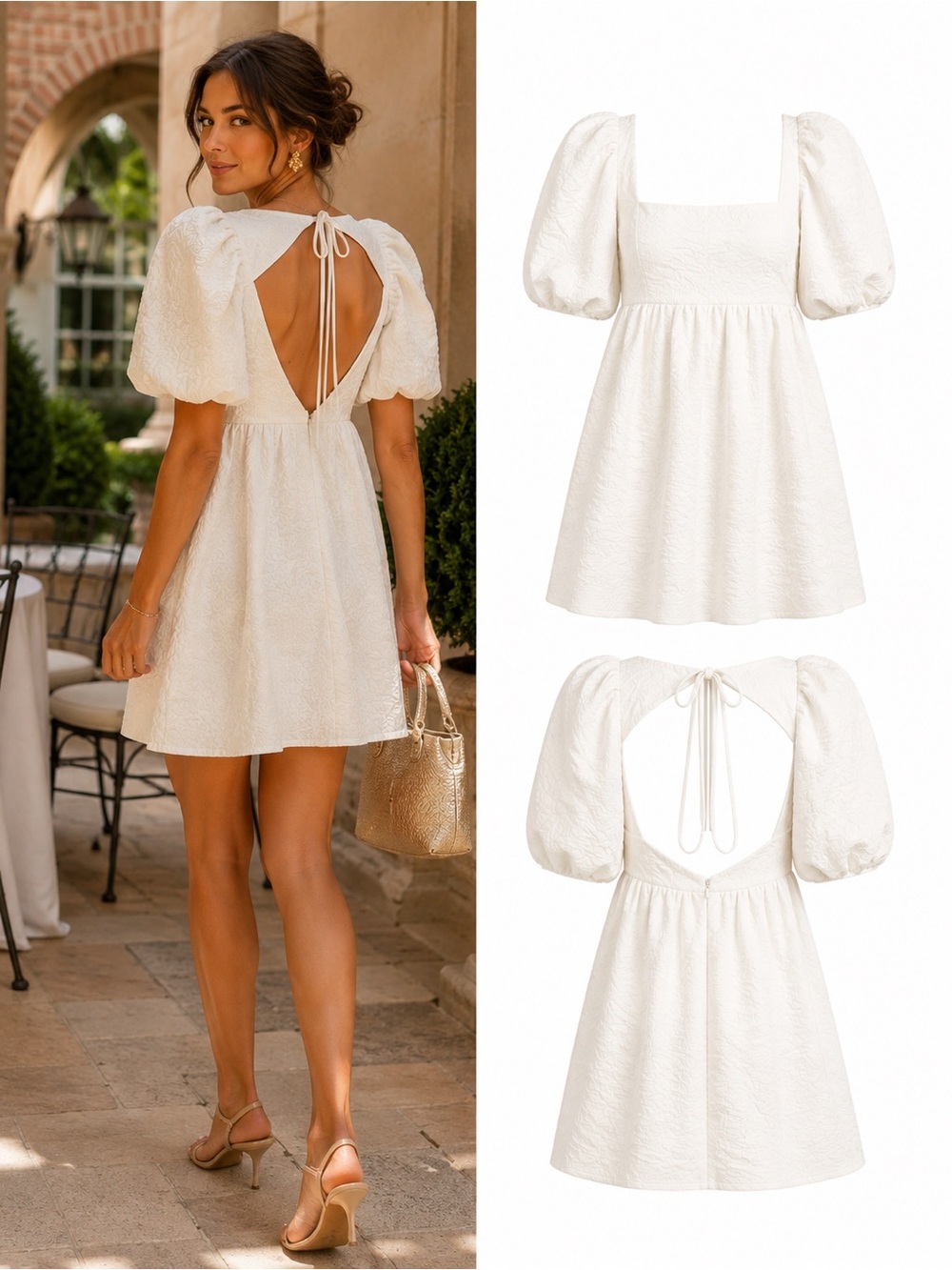 Endless Rose White Floral Jacquard Open Back Puff Sleeve Mini Dress Size XS NWOT